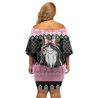 Anglesey Wales Christmas Family Matching Off Shoulder Short Dress and Hawaiian Shirt Pink Mari Lwyd Welsh Celtic Knot - Wonder Print Shop