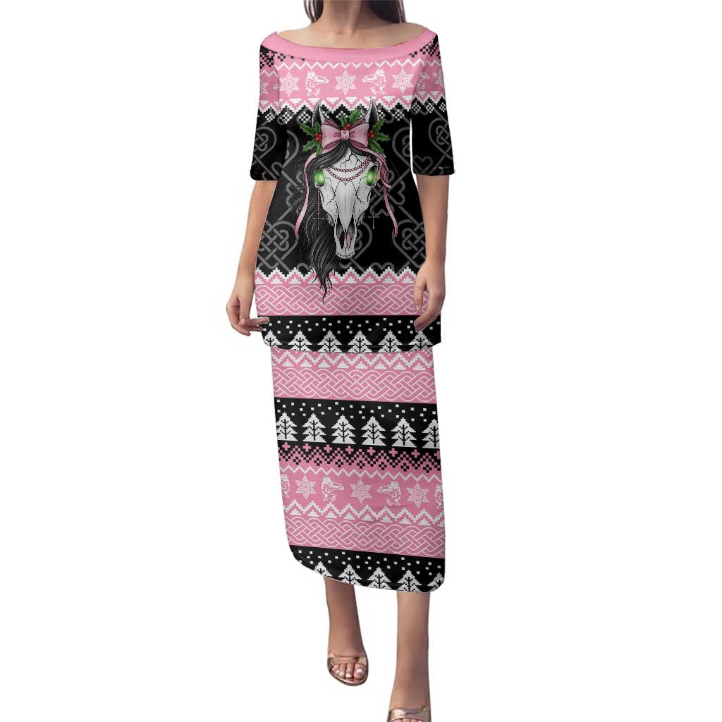 Anglesey Wales Christmas Family Matching Puletasi and Hawaiian Shirt Pink Mari Lwyd Welsh Celtic Knot - Wonder Print Shop