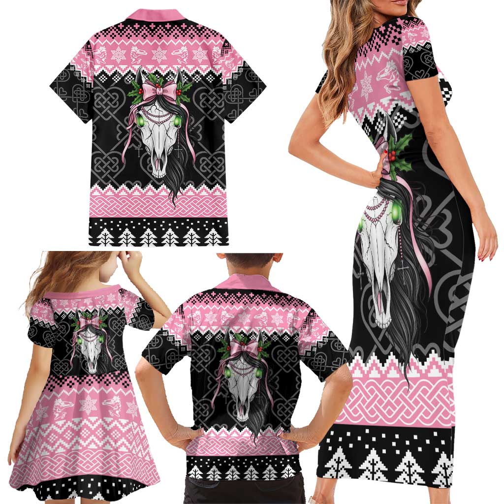 Anglesey Wales Christmas Family Matching Short Sleeve Bodycon Dress and Hawaiian Shirt Pink Mari Lwyd Welsh Celtic Knot - Wonder Print Shop