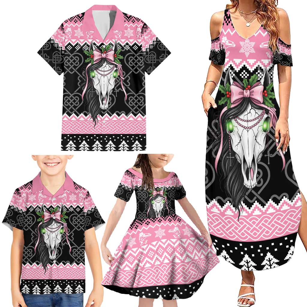 Anglesey Wales Christmas Family Matching Summer Maxi Dress and Hawaiian Shirt Pink Mari Lwyd Welsh Celtic Knot - Wonder Print Shop