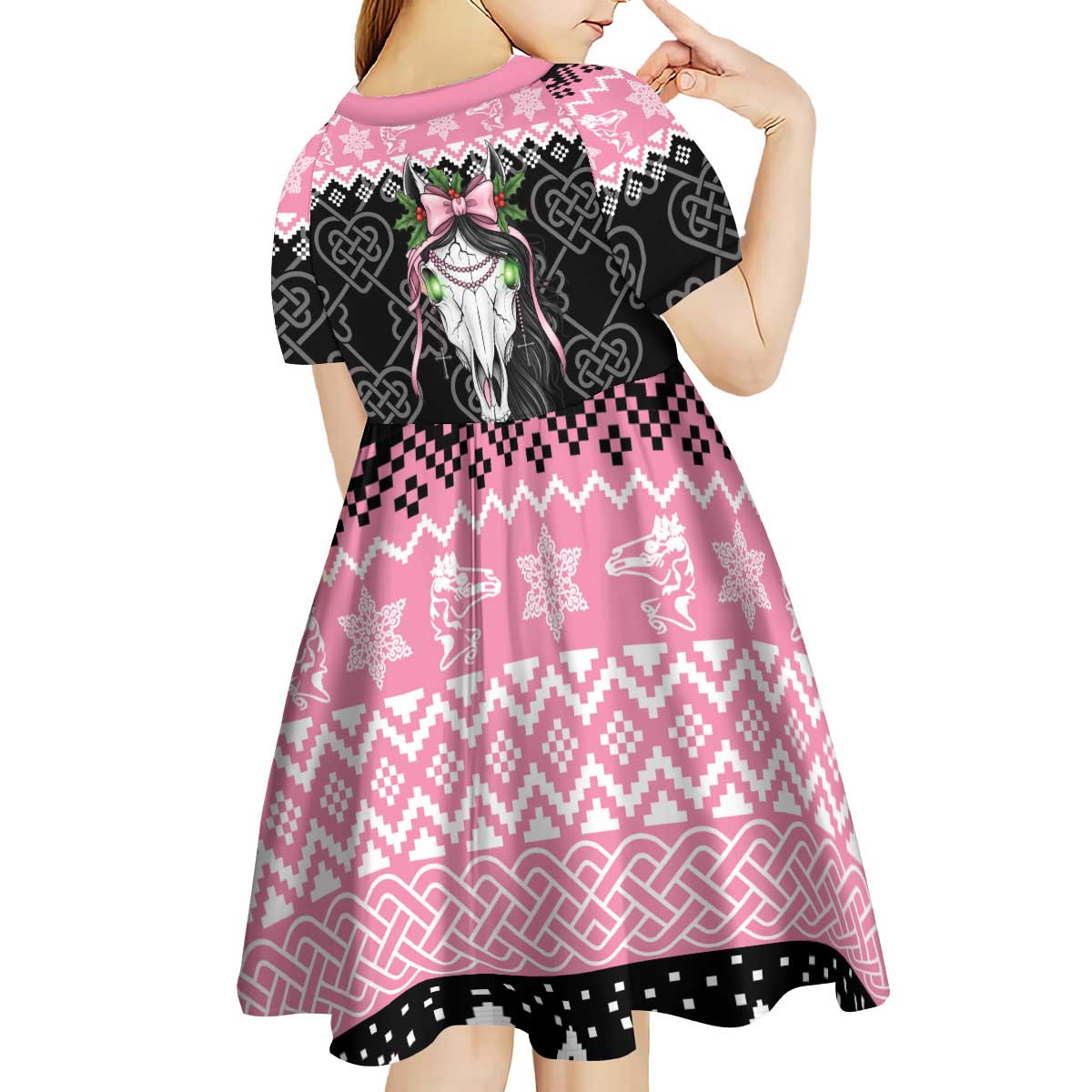 Anglesey Wales Christmas Kid Short Sleeve Dress Pink Mari Lwyd Welsh Celtic Knot - Wonder Print Shop