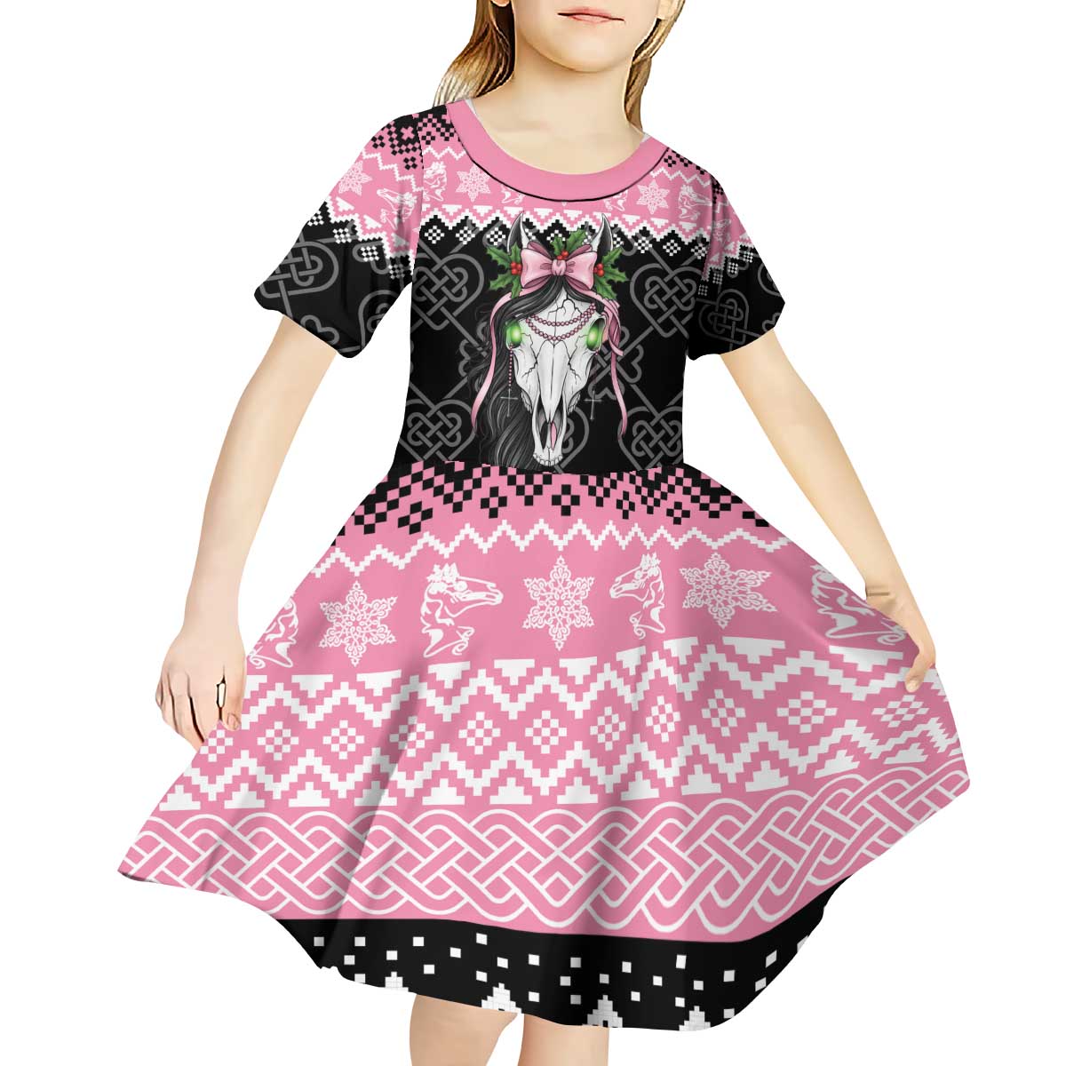 Anglesey Wales Christmas Kid Short Sleeve Dress Pink Mari Lwyd Welsh Celtic Knot - Wonder Print Shop