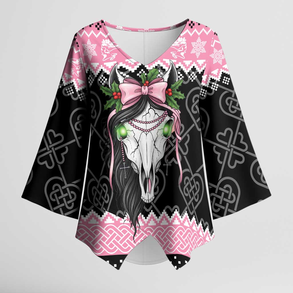 Anglesey Wales Christmas Kimono Sleeve Blouse Pink Mari Lwyd Welsh Celtic Knot - Wonder Print Shop