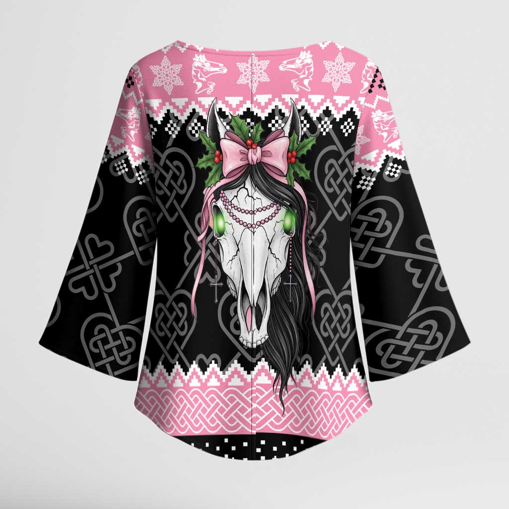 Anglesey Wales Christmas Kimono Sleeve Blouse Pink Mari Lwyd Welsh Celtic Knot - Wonder Print Shop