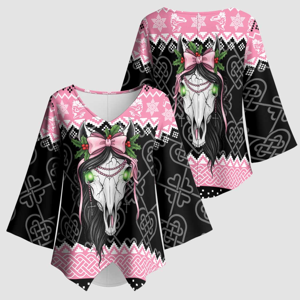 Anglesey Wales Christmas Kimono Sleeve Blouse Pink Mari Lwyd Welsh Celtic Knot - Wonder Print Shop