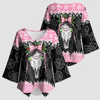 Anglesey Wales Christmas Kimono Sleeve Blouse Pink Mari Lwyd Welsh Celtic Knot - Wonder Print Shop