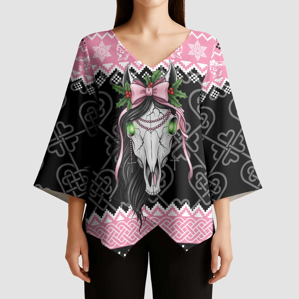 Anglesey Wales Christmas Kimono Sleeve Blouse Pink Mari Lwyd Welsh Celtic Knot - Wonder Print Shop