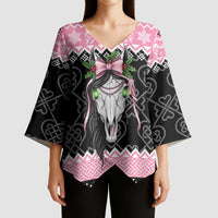Anglesey Wales Christmas Kimono Sleeve Blouse Pink Mari Lwyd Welsh Celtic Knot - Wonder Print Shop