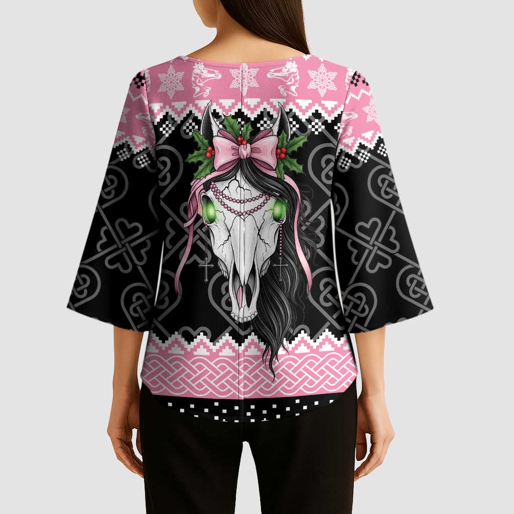 Anglesey Wales Christmas Kimono Sleeve Blouse Pink Mari Lwyd Welsh Celtic Knot - Wonder Print Shop