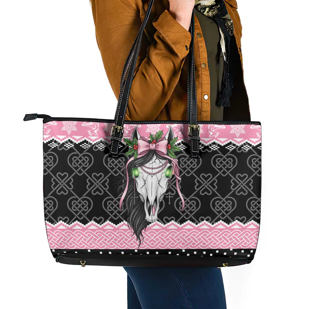 Anglesey Wales Christmas Leather Tote Bag Pink Mari Lwyd Welsh Celtic Knot - Wonder Print Shop