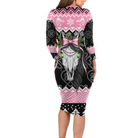 Anglesey Wales Christmas Long Sleeve Bodycon Dress Pink Mari Lwyd Welsh Celtic Knot - Wonder Print Shop