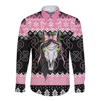 Anglesey Wales Christmas Long Sleeve Button Shirt Pink Mari Lwyd Welsh Celtic Knot - Wonder Print Shop