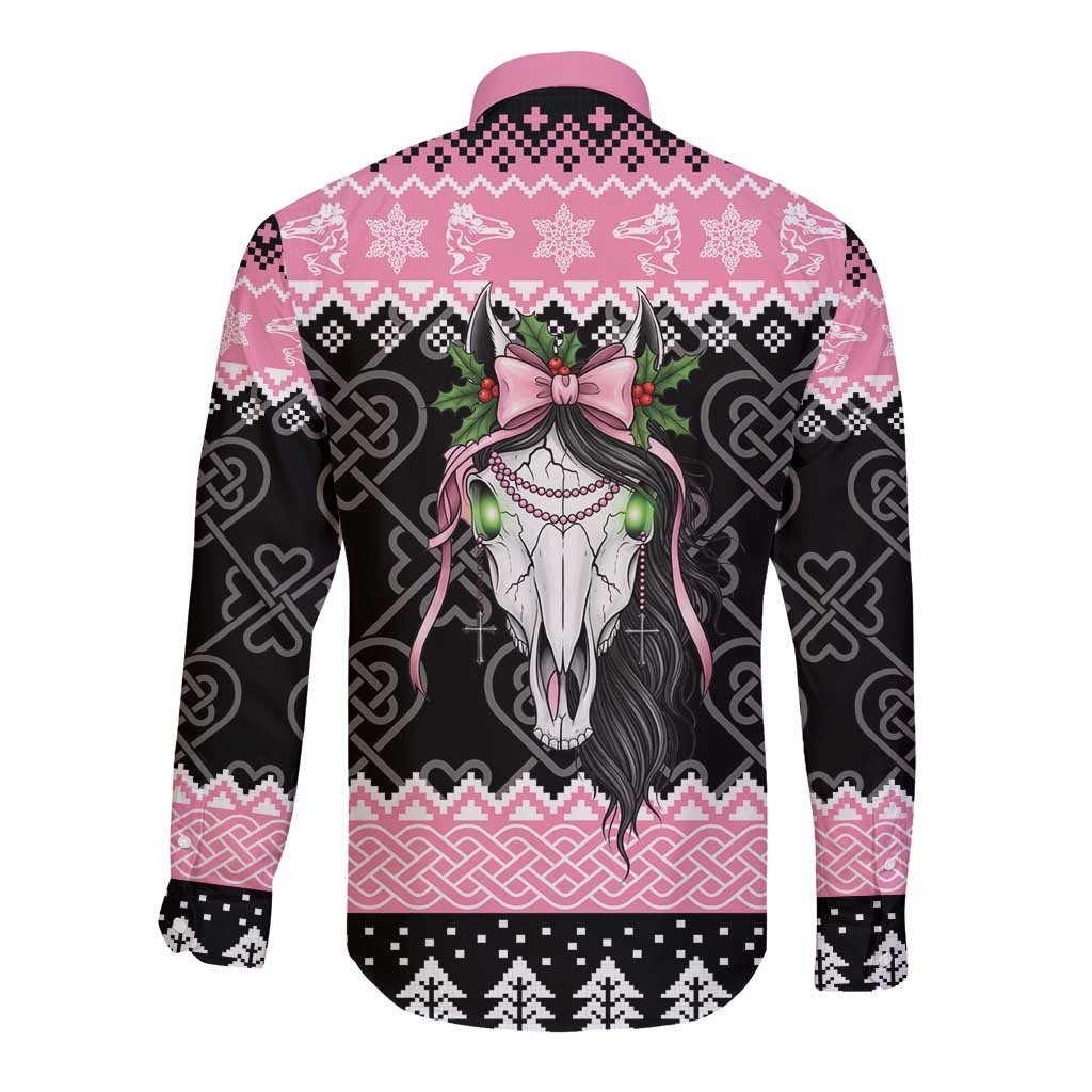 Anglesey Wales Christmas Long Sleeve Button Shirt Pink Mari Lwyd Welsh Celtic Knot - Wonder Print Shop