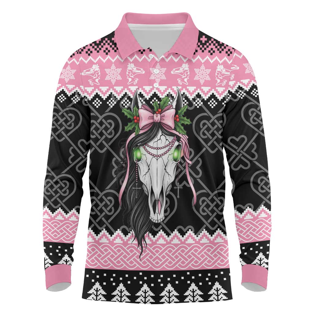 Anglesey Wales Christmas Long Sleeve Polo Shirt Pink Mari Lwyd Welsh Celtic Knot - Wonder Print Shop