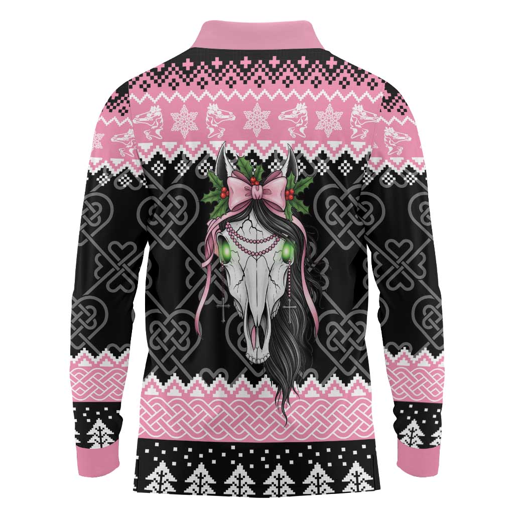 Anglesey Wales Christmas Long Sleeve Polo Shirt Pink Mari Lwyd Welsh Celtic Knot - Wonder Print Shop