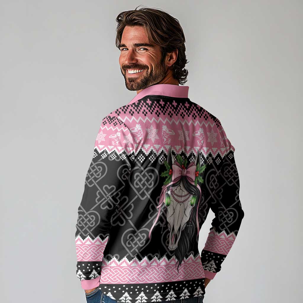 Anglesey Wales Christmas Long Sleeve Polo Shirt Pink Mari Lwyd Welsh Celtic Knot - Wonder Print Shop