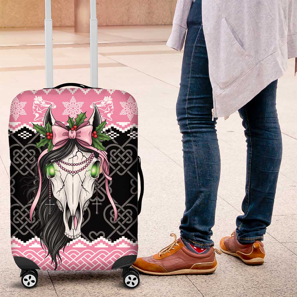 Anglesey Wales Christmas Luggage Cover Pink Mari Lwyd Welsh Celtic Knot - Wonder Print Shop