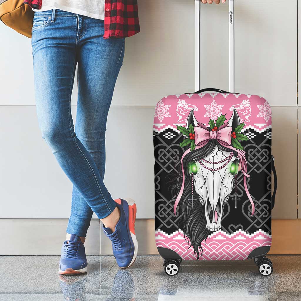 Anglesey Wales Christmas Luggage Cover Pink Mari Lwyd Welsh Celtic Knot - Wonder Print Shop