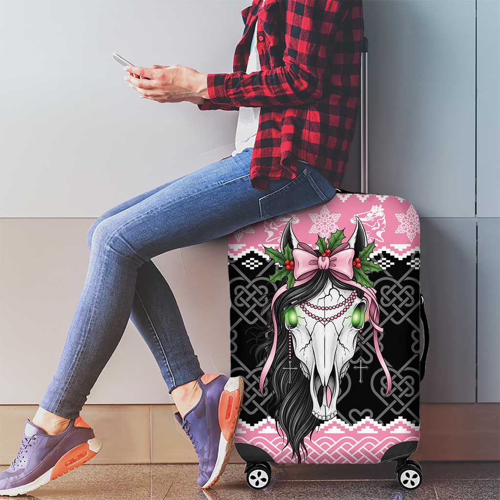 Anglesey Wales Christmas Luggage Cover Pink Mari Lwyd Welsh Celtic Knot - Wonder Print Shop