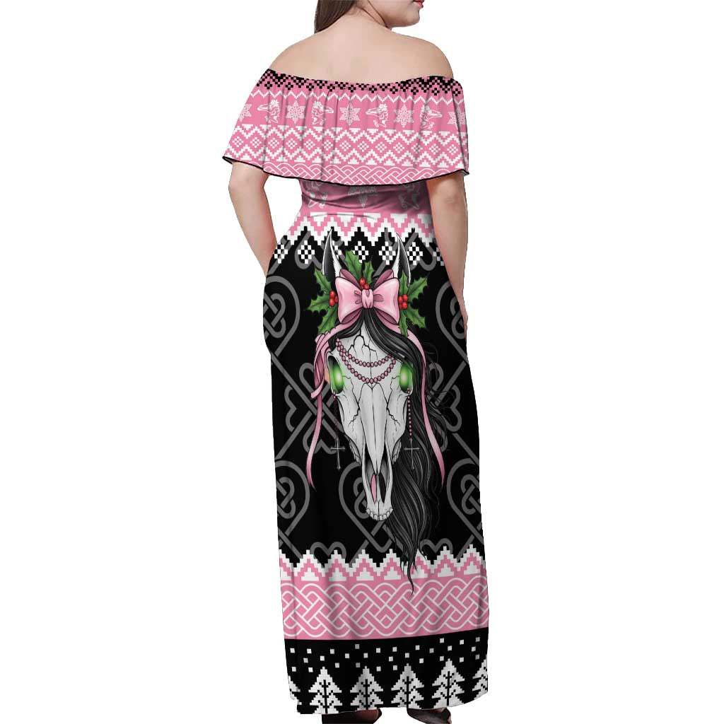 Anglesey Wales Christmas Off Shoulder Maxi Dress Pink Mari Lwyd Welsh Celtic Knot - Wonder Print Shop