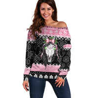 Anglesey Wales Christmas Off Shoulder Sweater Pink Mari Lwyd Welsh Celtic Knot - Wonder Print Shop