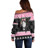 Anglesey Wales Christmas Off Shoulder Sweater Pink Mari Lwyd Welsh Celtic Knot - Wonder Print Shop