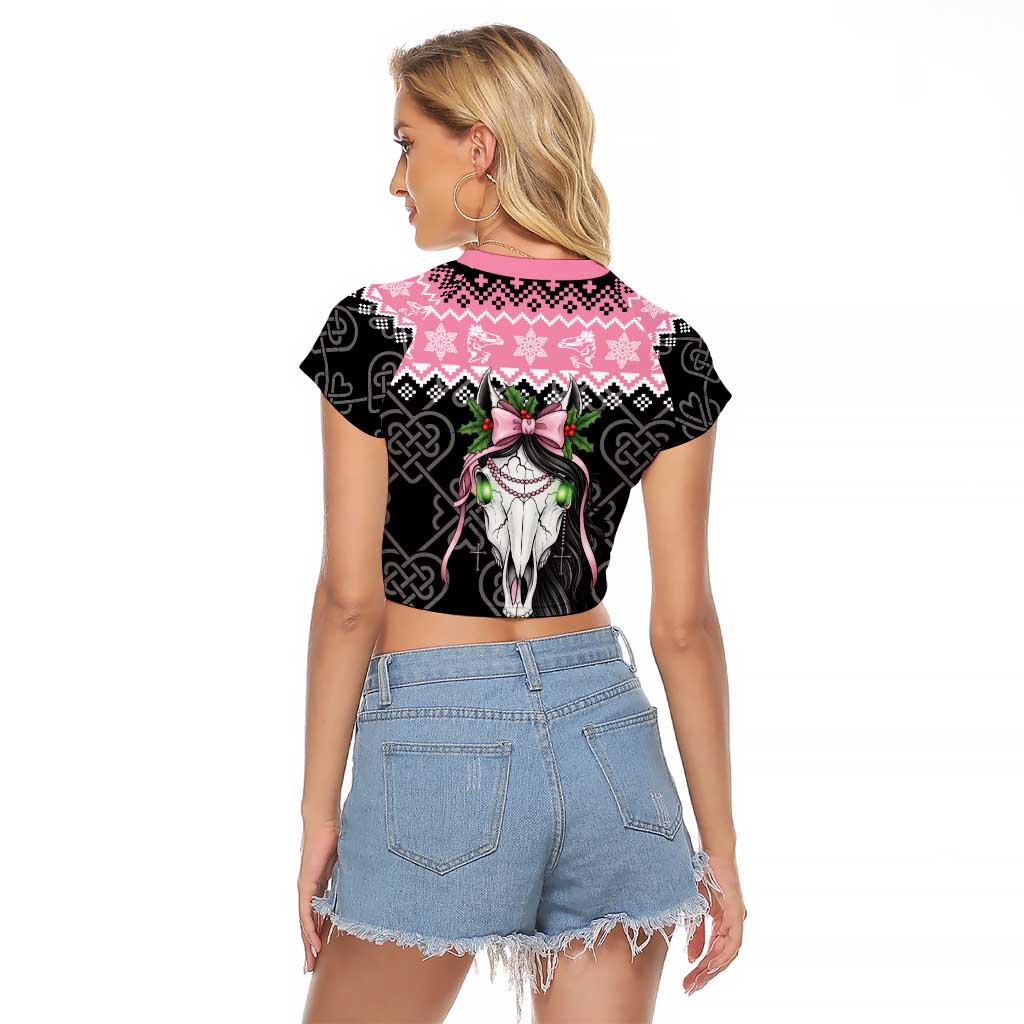 Anglesey Wales Christmas Raglan Cropped T Shirt Pink Mari Lwyd Welsh Celtic Knot - Wonder Print Shop