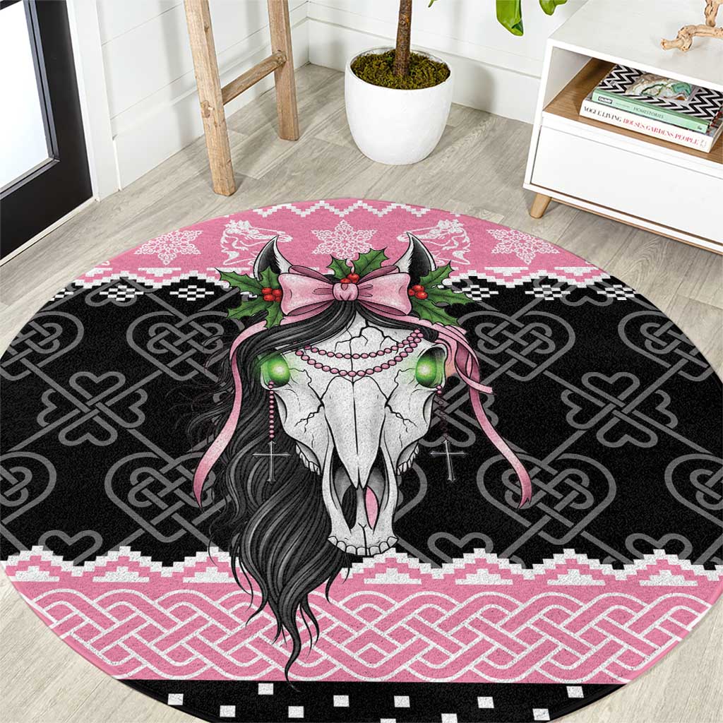 Anglesey Wales Christmas Round Carpet Pink Mari Lwyd Welsh Celtic Knot - Wonder Print Shop