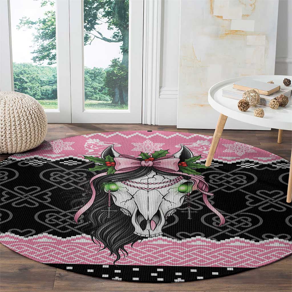 Anglesey Wales Christmas Round Carpet Pink Mari Lwyd Welsh Celtic Knot - Wonder Print Shop