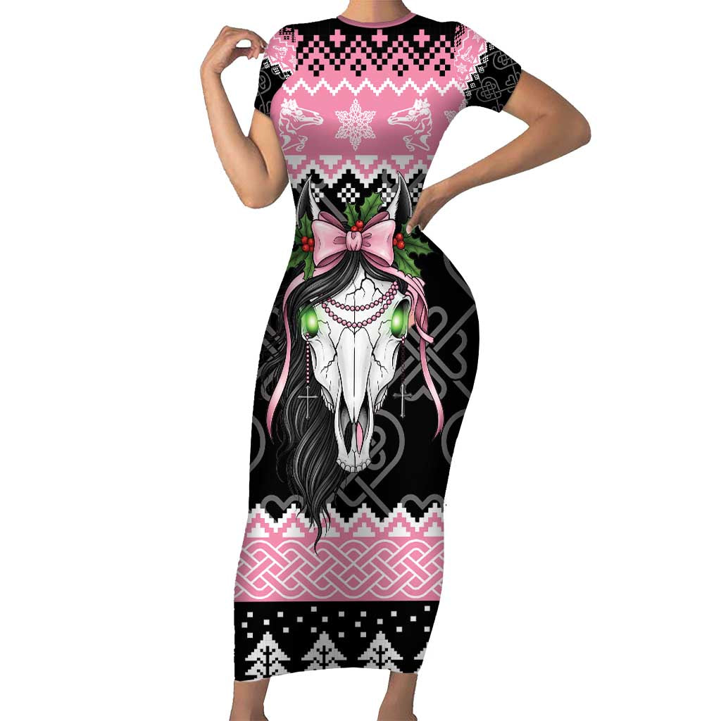 Anglesey Wales Christmas Short Sleeve Bodycon Dress Pink Mari Lwyd Welsh Celtic Knot - Wonder Print Shop