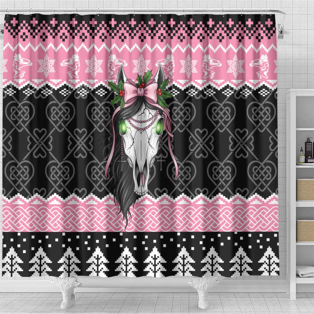 Anglesey Wales Christmas Shower Curtain Pink Mari Lwyd Welsh Celtic Knot - Wonder Print Shop