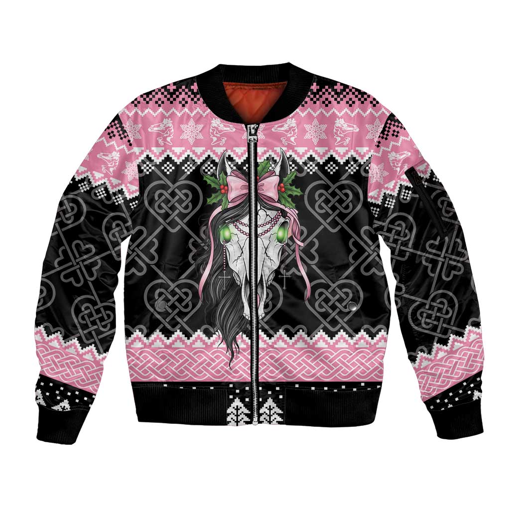 Anglesey Wales Christmas Sleeve Zip Bomber Jacket Pink Mari Lwyd Welsh Celtic Knot - Wonder Print Shop
