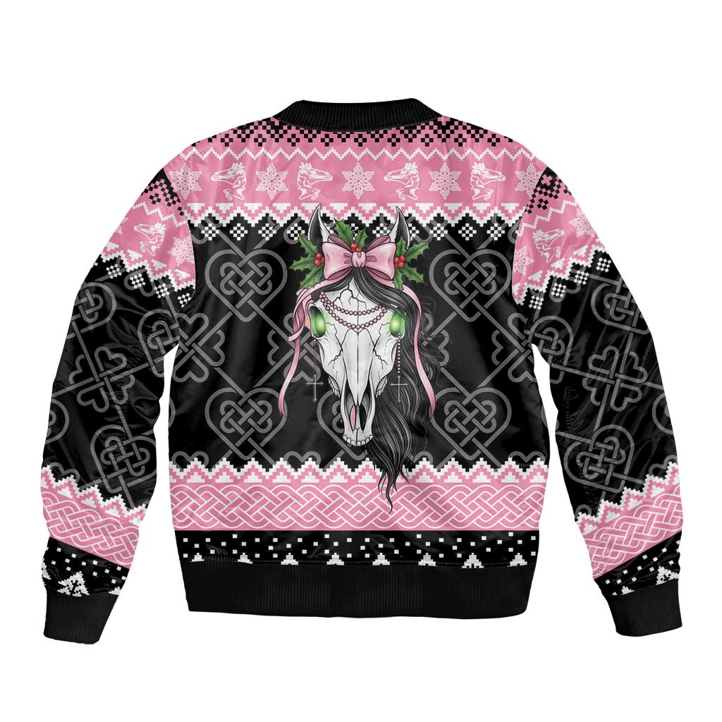 Anglesey Wales Christmas Sleeve Zip Bomber Jacket Pink Mari Lwyd Welsh Celtic Knot - Wonder Print Shop