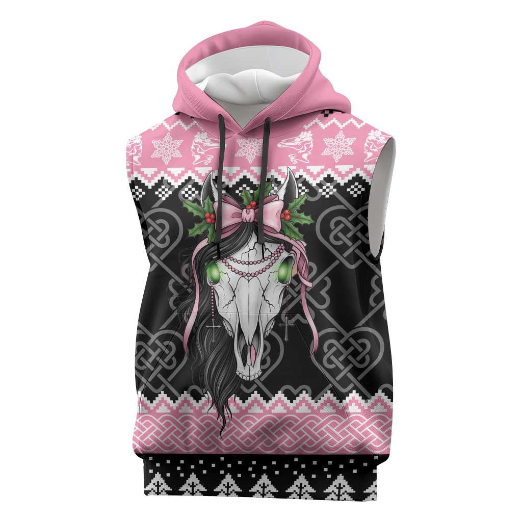 Anglesey Wales Christmas Sleeveless Hoodie Pink Mari Lwyd Welsh Celtic Knot - Wonder Print Shop