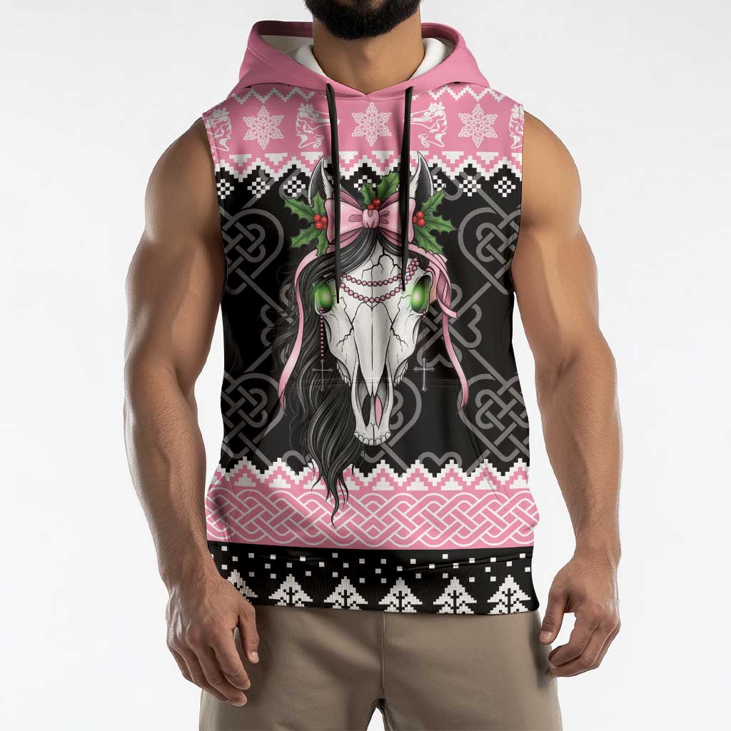 Anglesey Wales Christmas Sleeveless Hoodie Pink Mari Lwyd Welsh Celtic Knot - Wonder Print Shop