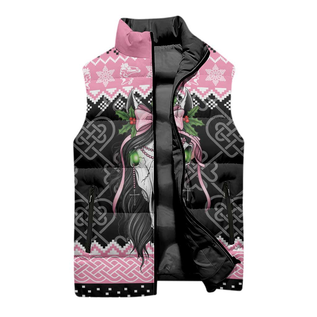 Anglesey Wales Christmas Sleeveless Puffer Jacket Pink Mari Lwyd Welsh Celtic Knot - Wonder Print Shop