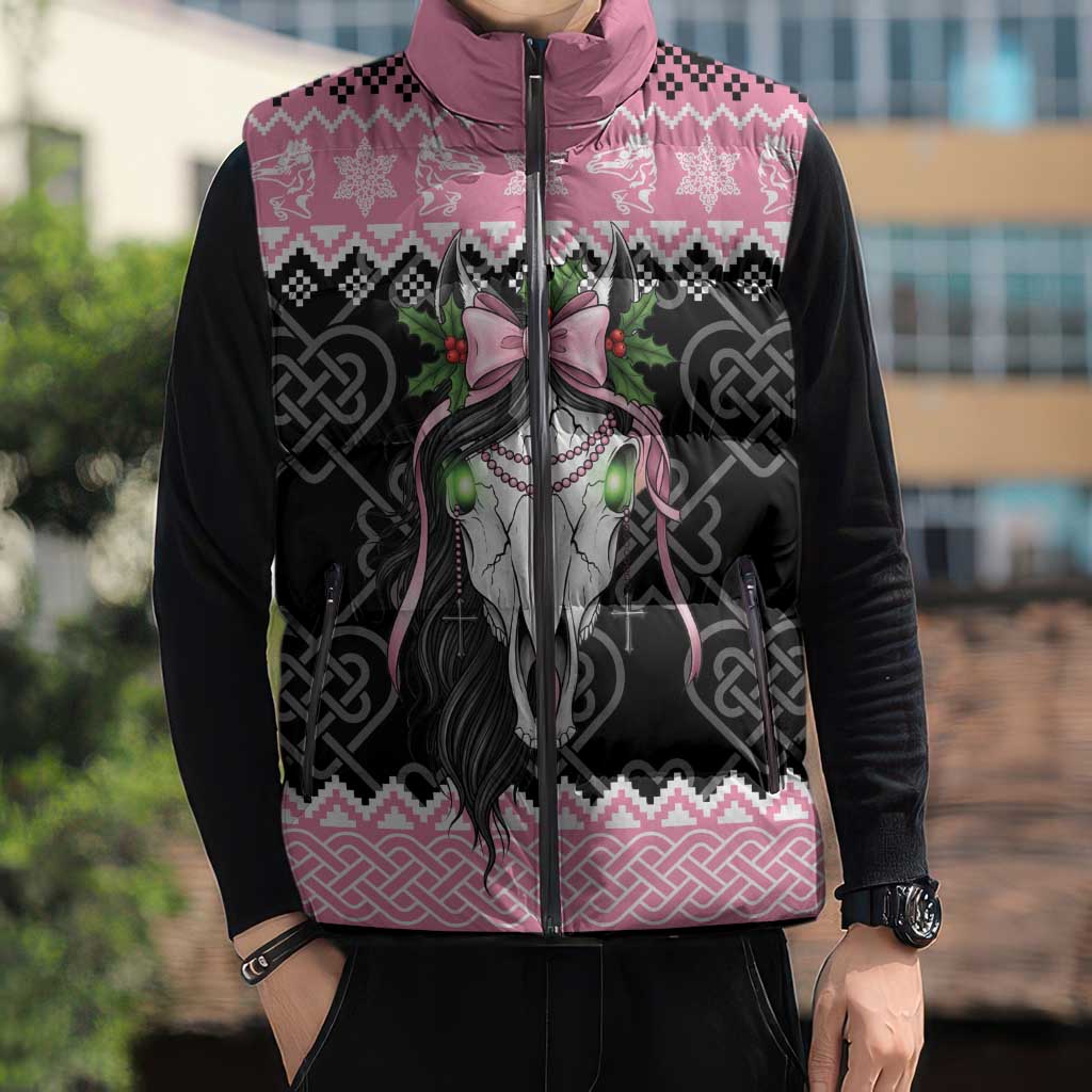 Anglesey Wales Christmas Sleeveless Puffer Jacket Pink Mari Lwyd Welsh Celtic Knot - Wonder Print Shop