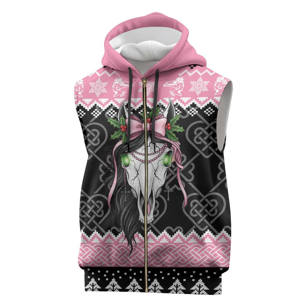 Anglesey Wales Christmas Sleeveless Zip Hoodie Pink Mari Lwyd Welsh Celtic Knot - Wonder Print Shop