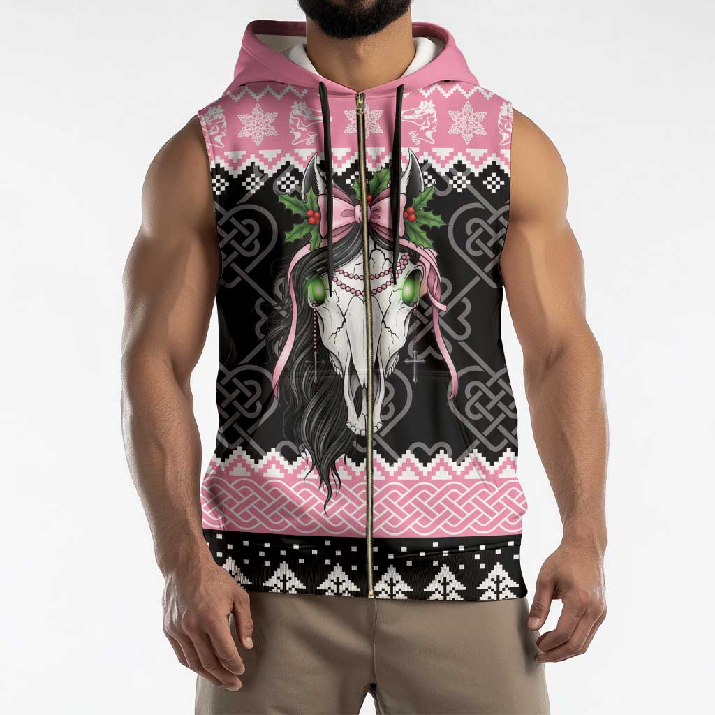 Anglesey Wales Christmas Sleeveless Zip Hoodie Pink Mari Lwyd Welsh Celtic Knot - Wonder Print Shop