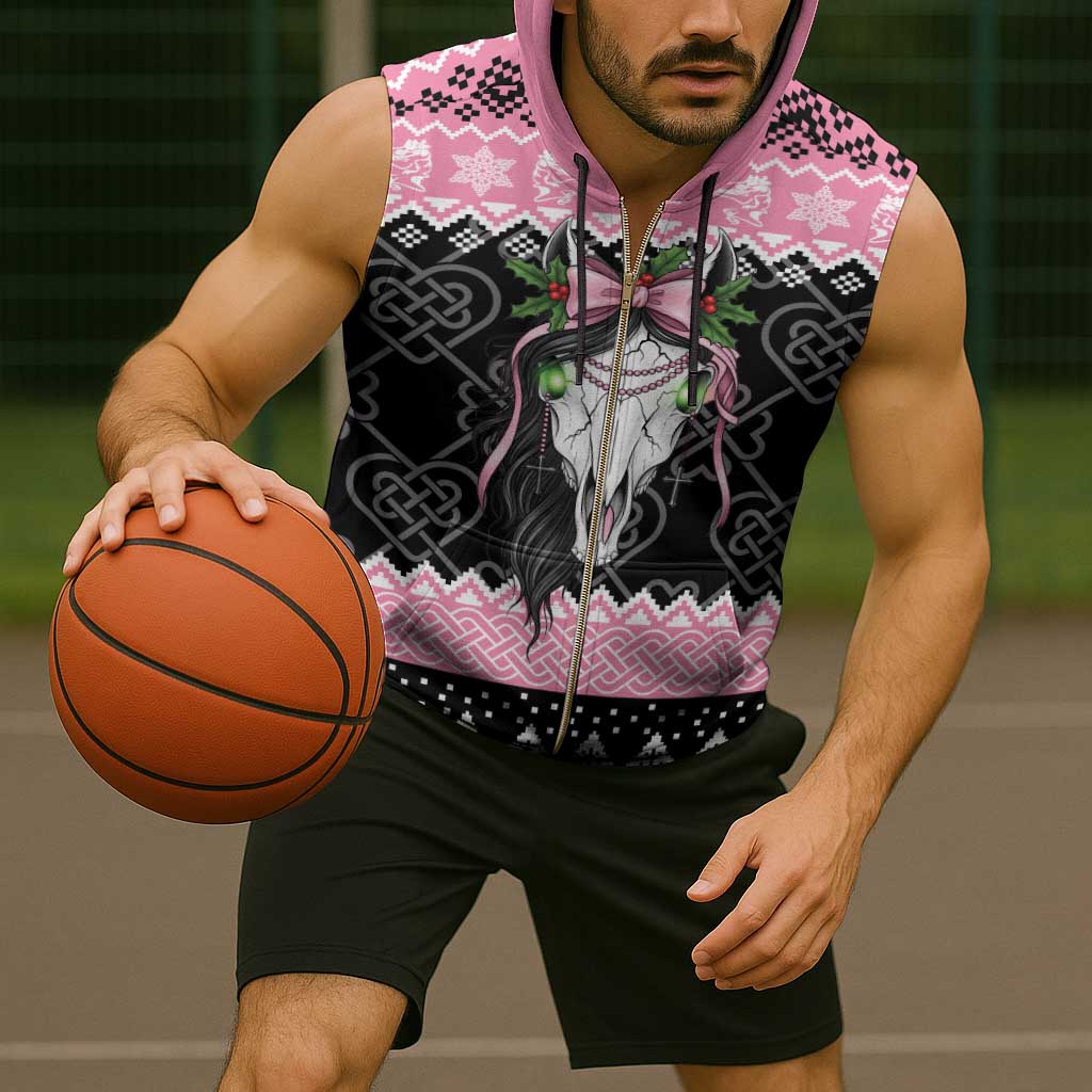 Anglesey Wales Christmas Sleeveless Zip Hoodie Pink Mari Lwyd Welsh Celtic Knot - Wonder Print Shop