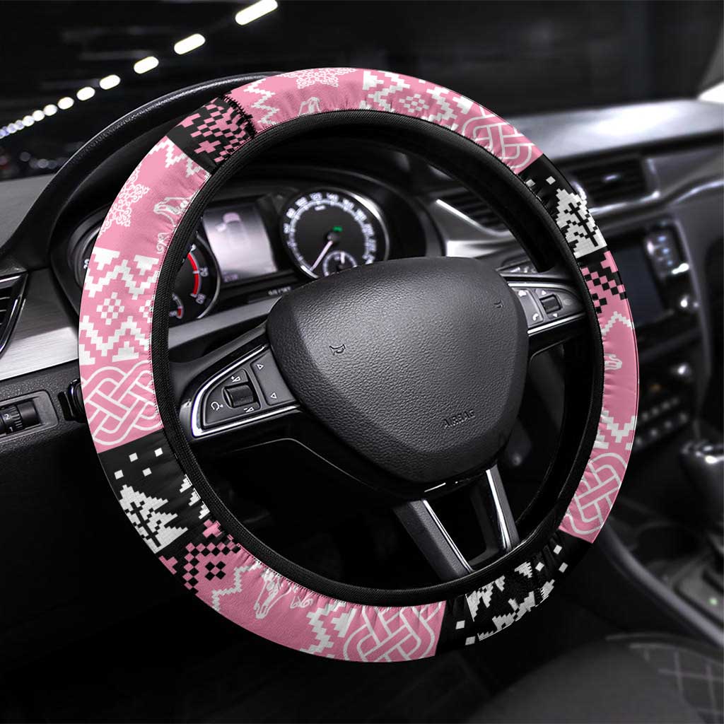 Anglesey Wales Christmas Steering Wheel Cover Pink Mari Lwyd Welsh Celtic Knot - Wonder Print Shop