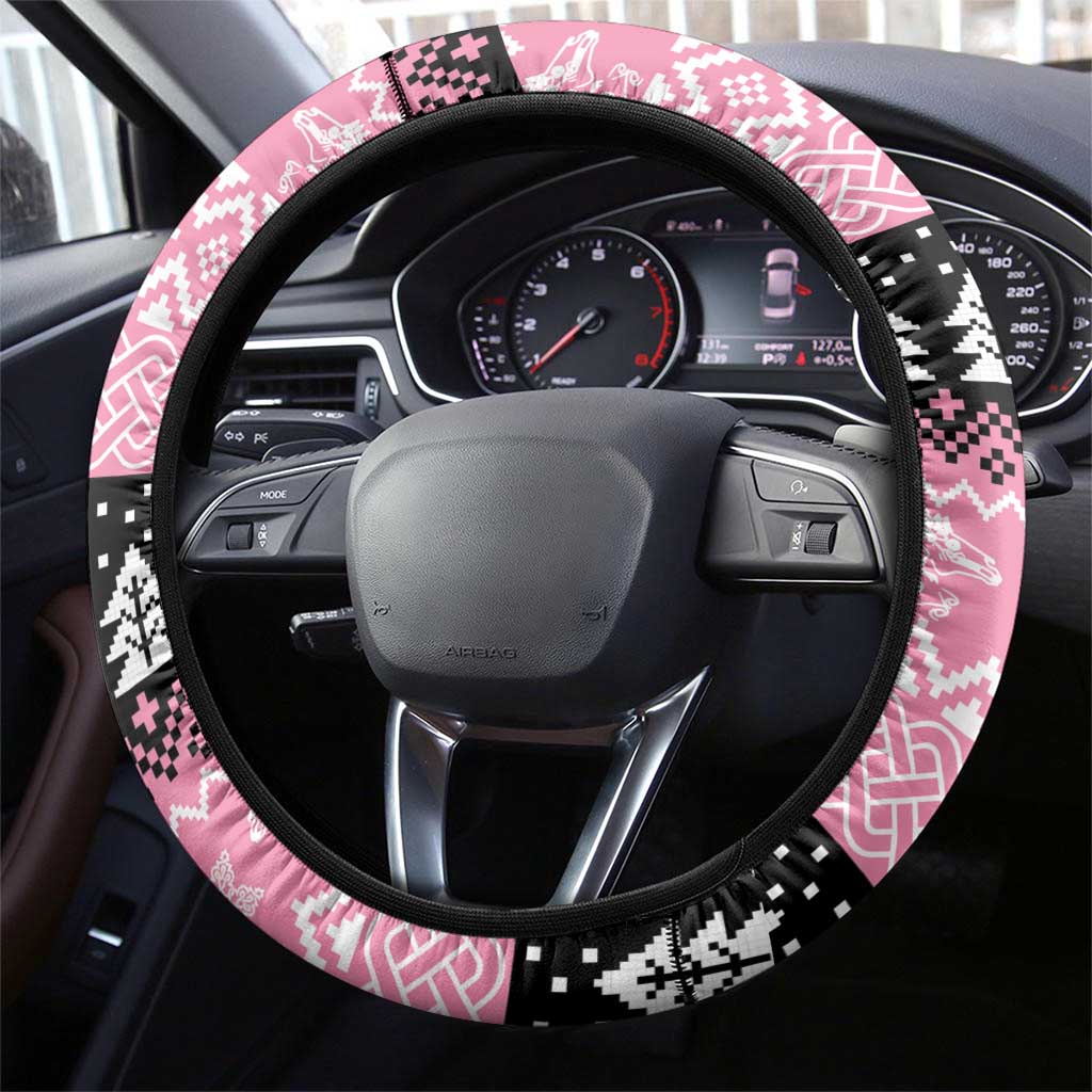 Anglesey Wales Christmas Steering Wheel Cover Pink Mari Lwyd Welsh Celtic Knot - Wonder Print Shop