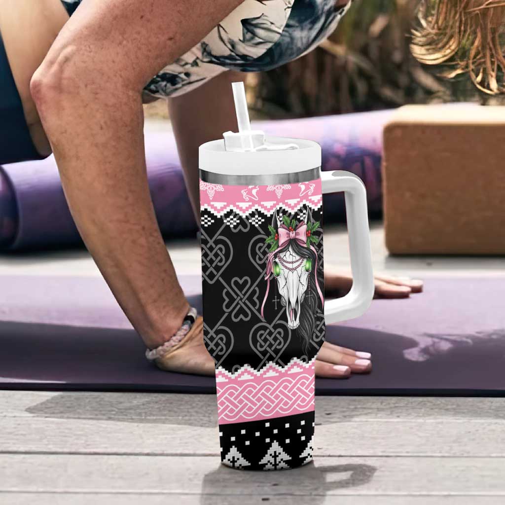 Anglesey Wales Christmas Tumbler With Handle Pink Mari Lwyd Welsh Celtic Knot - Wonder Print Shop