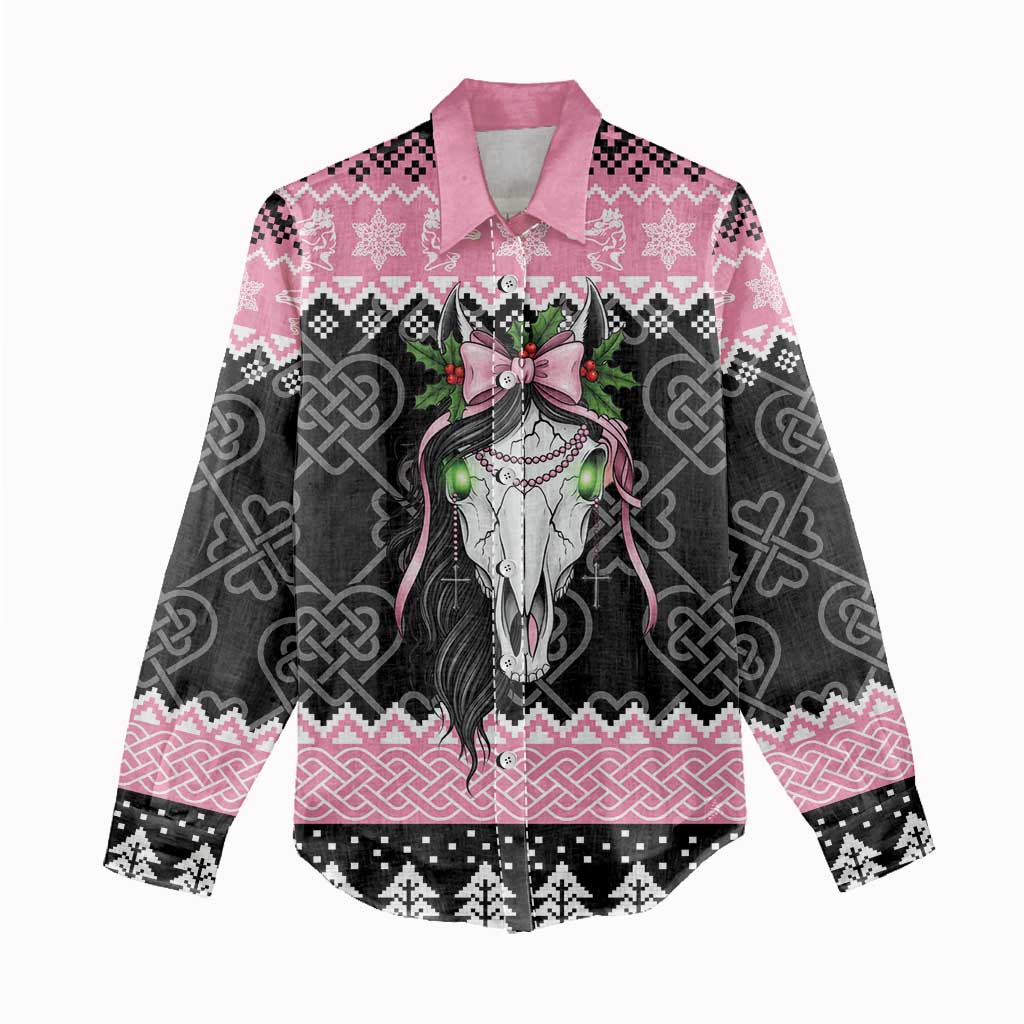 Anglesey Wales Christmas Women Casual Shirt Pink Mari Lwyd Welsh Celtic Knot - Wonder Print Shop