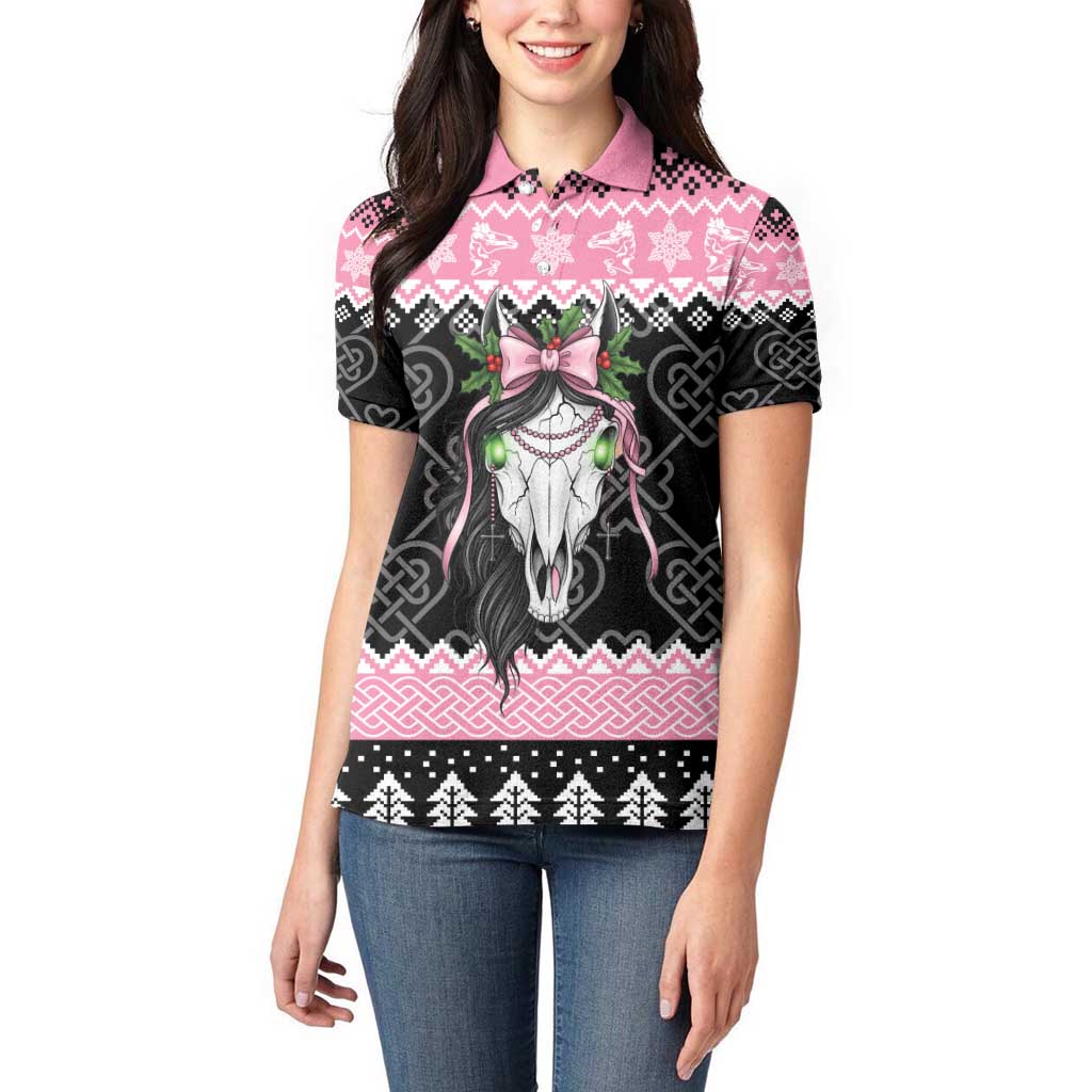 Anglesey Wales Christmas Women Polo Shirt Pink Mari Lwyd Welsh Celtic Knot - Wonder Print Shop
