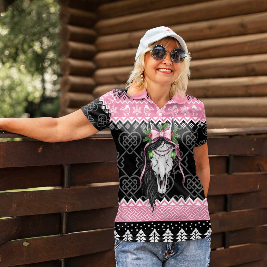 Anglesey Wales Christmas Women Polo Shirt Pink Mari Lwyd Welsh Celtic Knot - Wonder Print Shop
