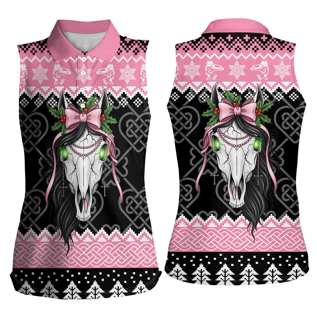 Anglesey Wales Christmas Women Sleeveless Polo Shirt Pink Mari Lwyd Welsh Celtic Knot - Wonder Print Shop