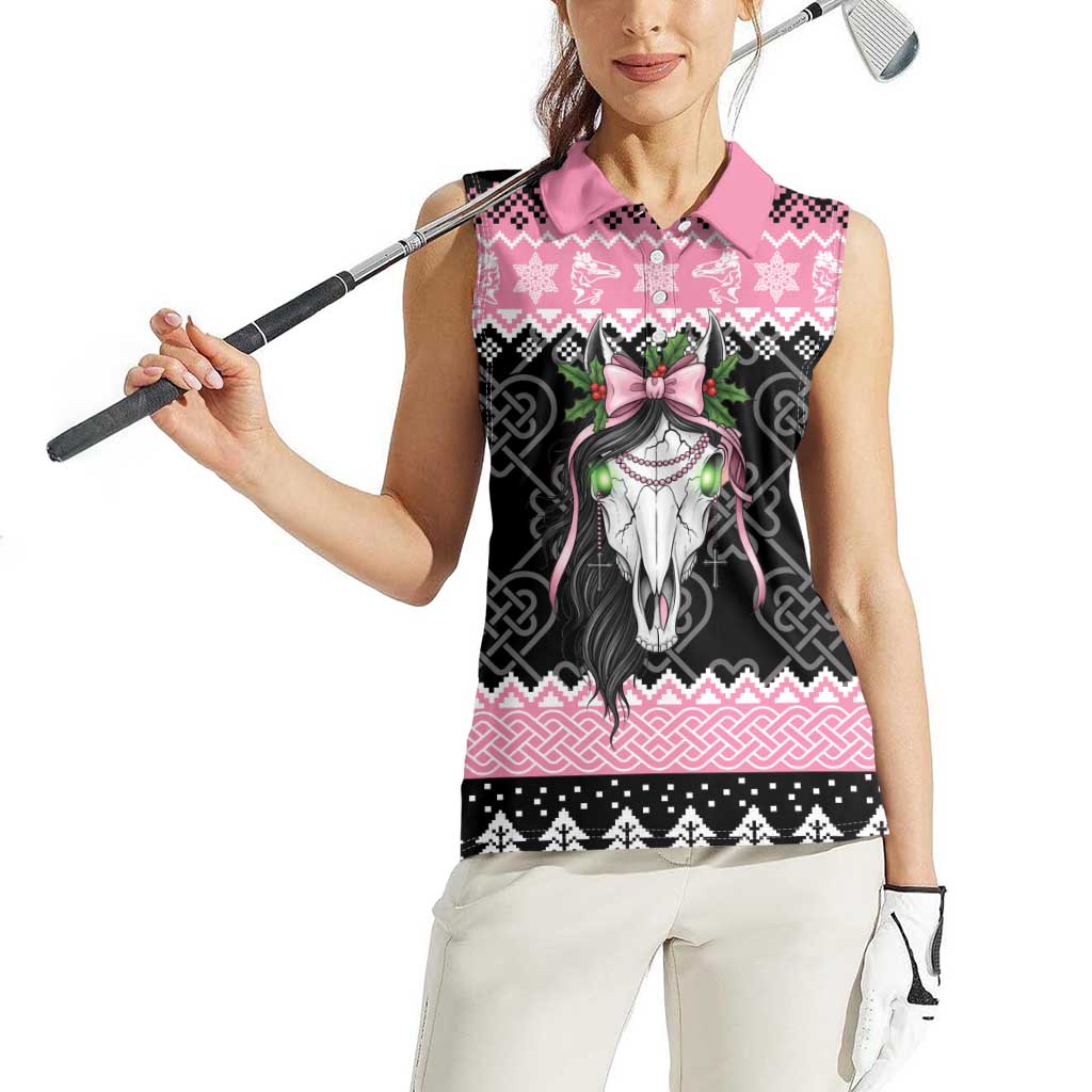 Anglesey Wales Christmas Women Sleeveless Polo Shirt Pink Mari Lwyd Welsh Celtic Knot - Wonder Print Shop