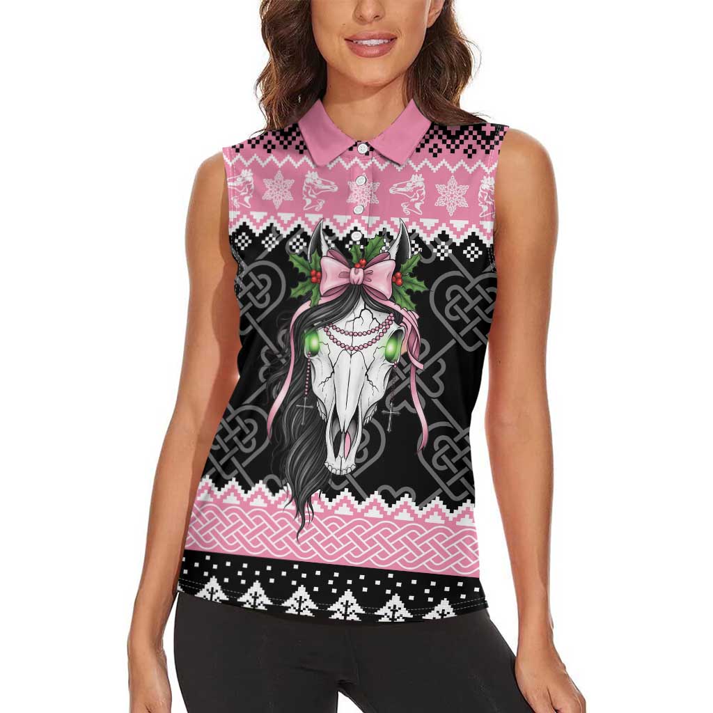 Anglesey Wales Christmas Women Sleeveless Polo Shirt Pink Mari Lwyd Welsh Celtic Knot - Wonder Print Shop