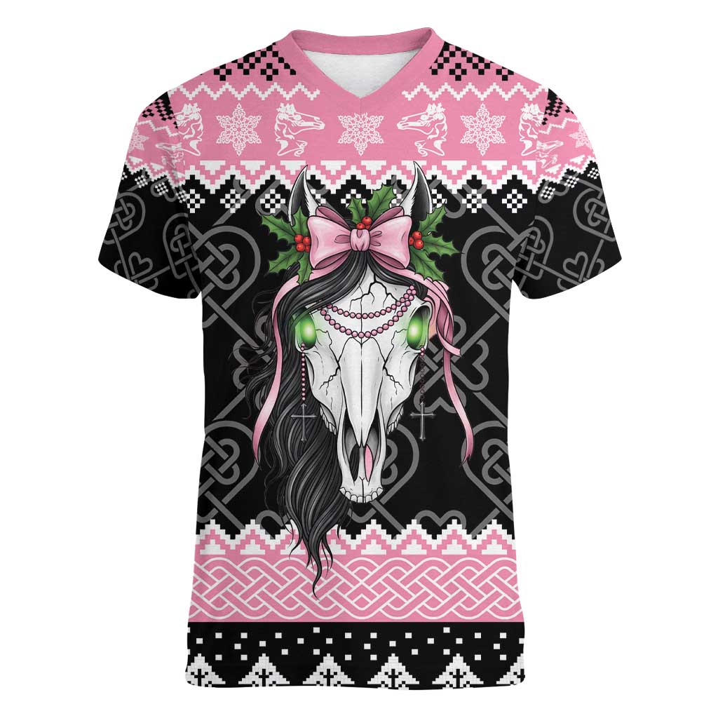 Anglesey Wales Christmas Women V-Neck T-Shirt Pink Mari Lwyd Welsh Celtic Knot - Wonder Print Shop